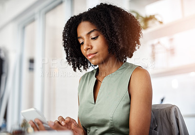 Buy stock photo Business, typing and woman with smartphone, office and accountant with investment and online reading for financial news. Economy, broker and trader with cellphone and message contact with app or text