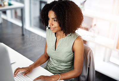 Buy stock photo Smile, research and business woman on a computer in office from above, happy and satisfied with web search. Online, review and African female person smile for report, proposal or creative inspiration