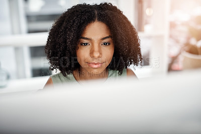 Buy stock photo Black woman, computer or thinking of startup, business or idea of tech, planning or company mockup. Female employee, pc or happy of vision, daydream or connectivity of professional digital network