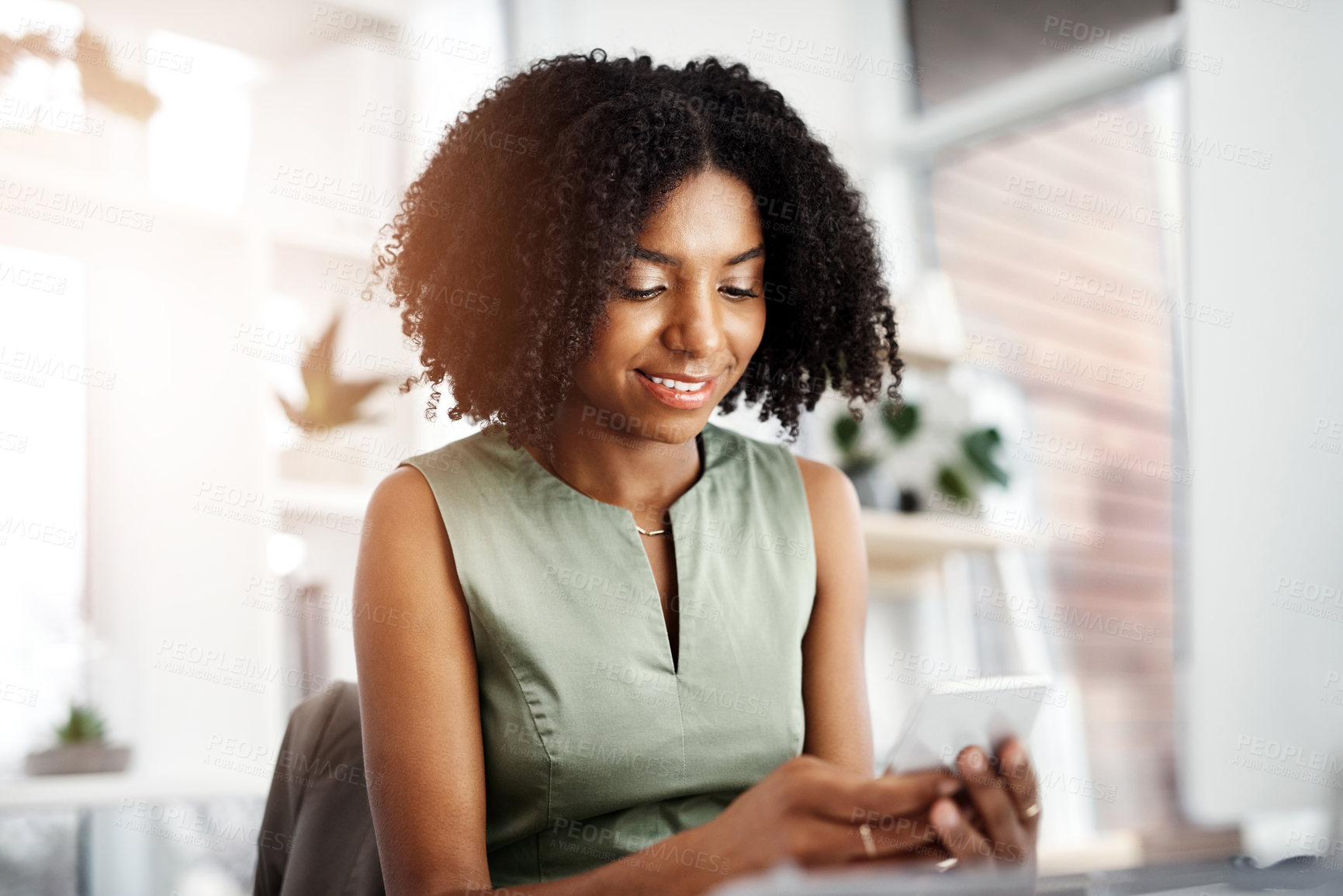 Buy stock photo Employee, typing and woman with cellphone, office and social media with message for contact and online reading for  news. Person, girl and worker with smartphone and texting with digital app