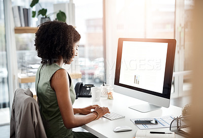 Buy stock photo Computer, typing and business woman on office with document for finance, budget or planning. Monitor, email and African female financial advisor online for accounting, tax or project, review or plan