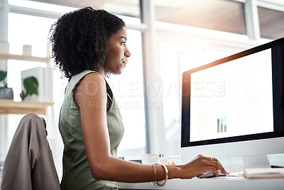 Buy stock photo Corporate, accountant and woman with a computer, charts and planning for feedback, report and check stock market. Female employee, investor and trader with graphs, profit growth and online reading