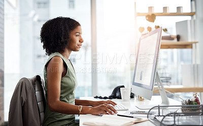Buy stock photo Computer, typing and business woman in office for online research, copywriting and editing for job website. Young african person, editor or journalist on desktop pc or monitor for article or report