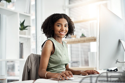 Buy stock photo Black woman, portrait and computer in office as designer for ux market research, creativity or project. Female person, face and smile for online connection with ui website, proposal or networking