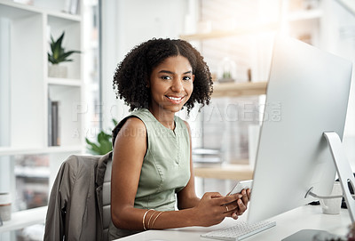 Buy stock photo Black woman, portrait and computer with cellphone in office as graphic designer for creative, brief or proposal. Female person, smile and smartphone for market research, project planning or online