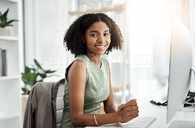 Buy stock photo Black woman, portrait and computer in office with smile as web designer for ux market research, creativity or project. Female person, face and online connection for ui tech, proposal or networking
