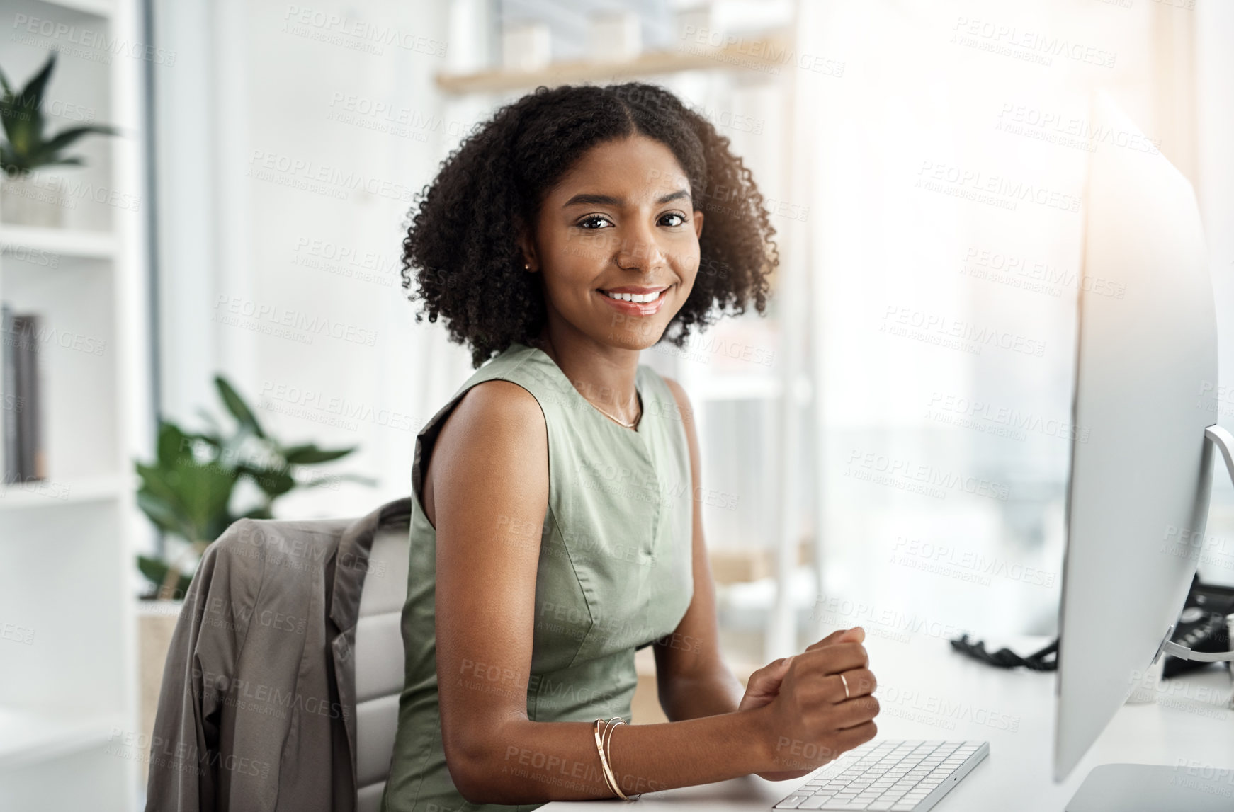 Buy stock photo Black woman, portrait and computer in office with smile as web designer for market research, creativity or project. Female person, face and online connection for tech, proposal or networking
