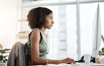 Buy stock photo Black woman, business and research with computer at office for communication, email or browsing. Young African, female person or employee working or typing on PC for company data or news at workplace
