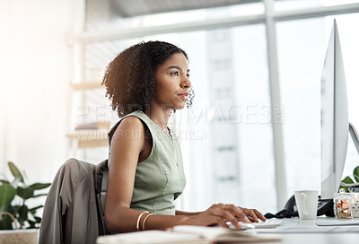 Buy stock photo Reading, computer and business woman in office for website management, copywriting or editing online software. Young african person, writer or editor with web article, research and blog on desktop pc