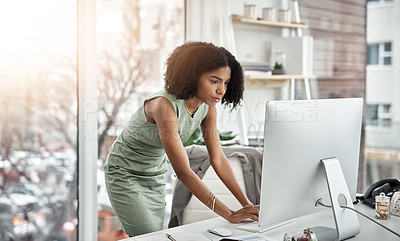 Buy stock photo Computer, schedule and woman planner typing and working by her desk or table in a corporate startup company. African, business and professional female employee or personal assistant planning project