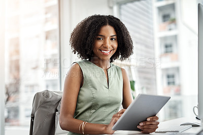 Buy stock photo Tablet, portrait and business woman in office of online management, research and happy with technology solution. Paperless, typing and face of young African person on digital application for analysis