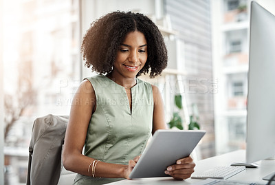 Buy stock photo Tablet, scroll and business woman in office for website analysis, online management and technology solution. Planning, typing or review of african person on digital application and computer research