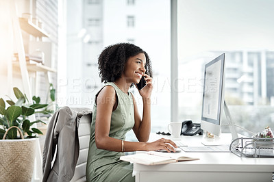 Buy stock photo Happy, black woman and business discussion with phone call for proposal or communication at office. Young African, female person or financial advisor with smile on mobile smartphone for conversation