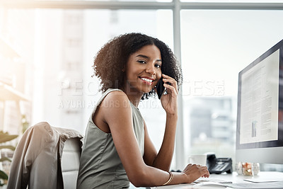 Buy stock photo Happy black woman, portrait and discussion with phone call for business proposal or communication at office. African female person, financial advisor or smile with mobile smartphone for conversation