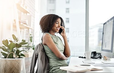 Buy stock photo Business woman, discussion and communication with phone call for proposal or idea at office. Young African, female person or financial advisor with smile on mobile smartphone in friendly conversation