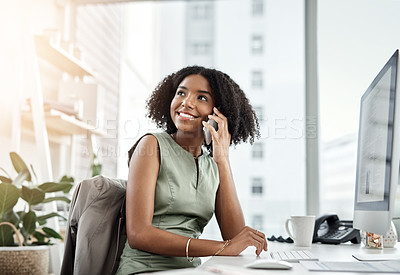 Buy stock photo Happy, black woman and discussion with phone call for business proposal or communication at office. Young African, female person or financial advisor with smile on mobile smartphone for conversation