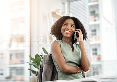 Buy stock photo Phone call, thinking and happy woman in office for business communication, networking and feedback in workplace. Young african person listening, talking or speaking on mobile voip with career vision