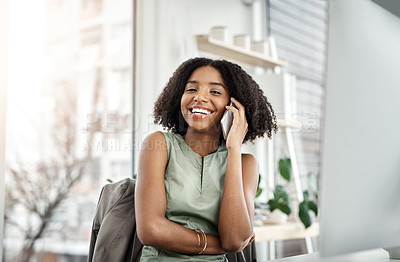 Buy stock photo Black woman, business and phone call or portrait in office as graphic designer for creative communication, brief or laugh. Female person, smile and computer at startup agency, discussion or network