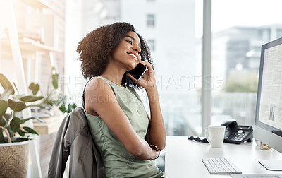 Buy stock photo Phone call, discussion and black woman in modern office for communication, tech and talking. African female designer, desktop and mobile conversation for client feedback, thinking and project ideas