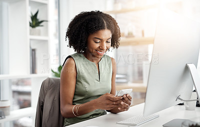 Buy stock photo Business, smile and black woman with a smartphone, office and typing with connection, communication and social media. Female person, employee and entrepreneur with a cellphone, mobile app and network