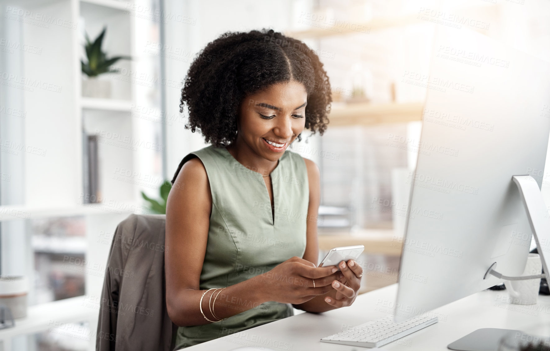 Buy stock photo Business, smile and black woman with a smartphone, office and typing with connection, communication and social media. Female person, employee and entrepreneur with a cellphone, mobile app and network