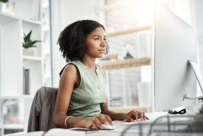 Buy stock photo Computer, search and business woman in office online management, copywriting or editing on website software. Young african person reading, research or working on desktop, keyboard and report analysis