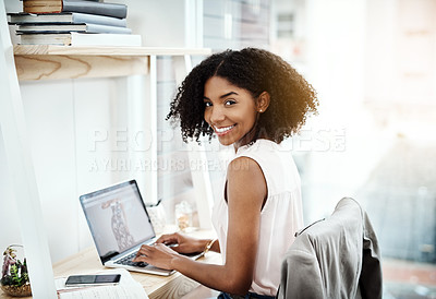 Buy stock photo Typing, laptop and portrait of woman in office planning, online research and fashion blog for business startup. Clothes, creative and face of African person on technology, computer or website design