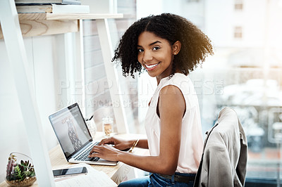 Buy stock photo Typing, computer and woman portrait in office planning, online research and fashion blog for business startup. Face of a creative, young African person with technology app, laptop and website design