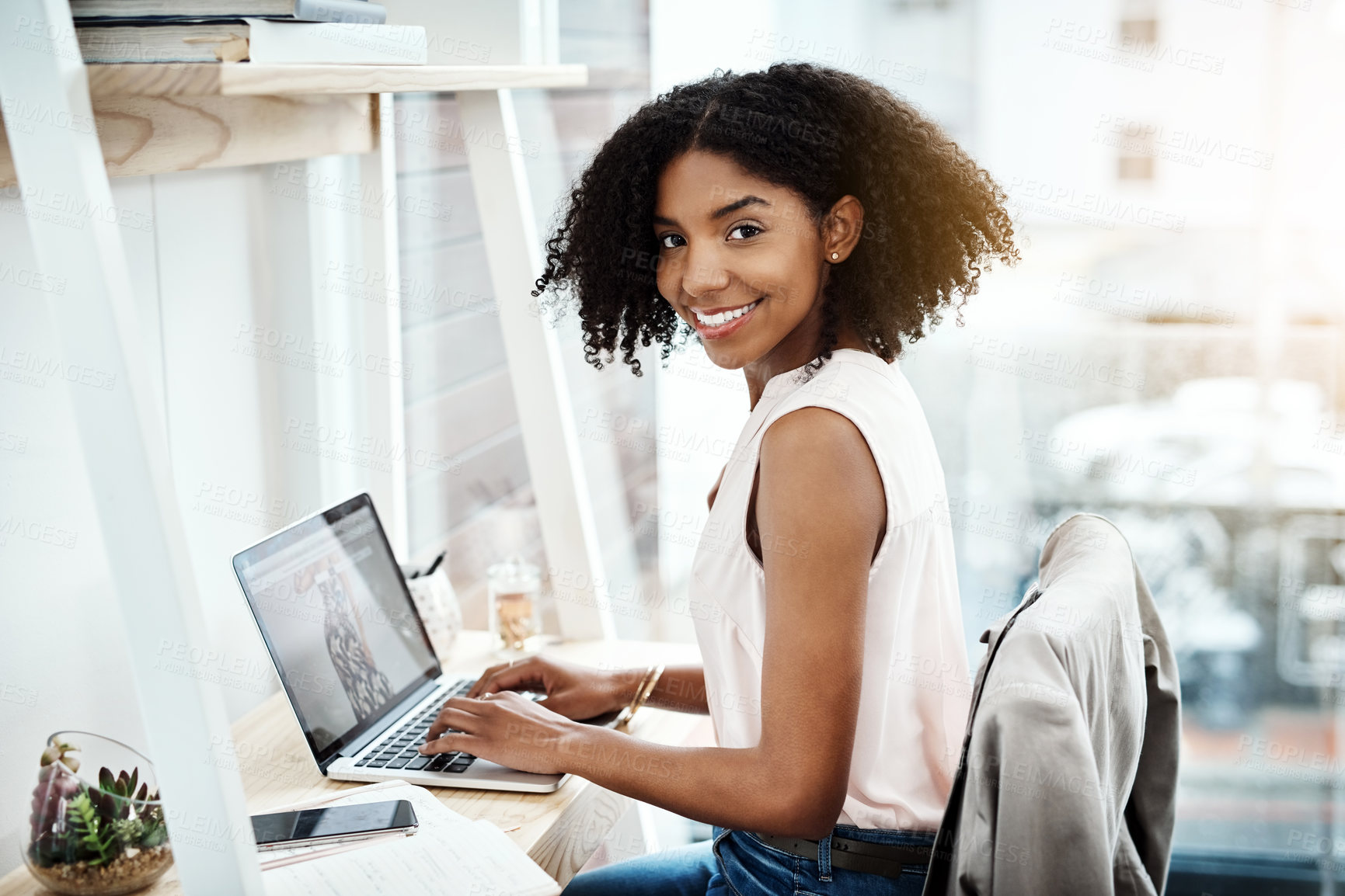 Buy stock photo Typing, computer and woman portrait in office planning, online research and fashion blog for business startup. Face of a creative, young African person with technology app, laptop and website design