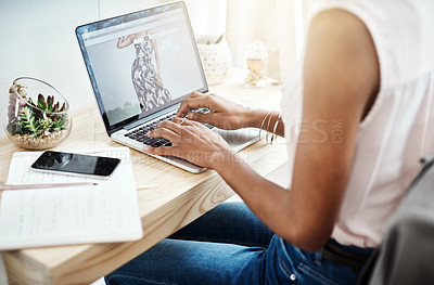 Buy stock photo Computer screen, planning and woman hands at desk for creative planning, fashion startup and online creativity closeup. Clothes, inspiration and person typing on technology, laptop and website design