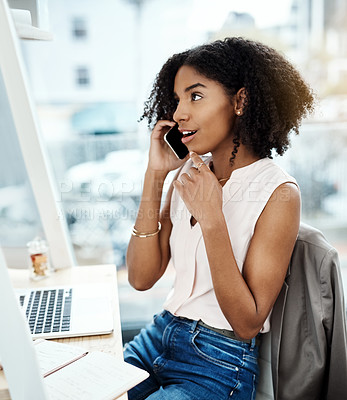 Buy stock photo Phone call, talking and young woman in office for feedback, news or online discussion at startup business. Happy african person thinking and listening on cellphone, mobile or voip for client ideas