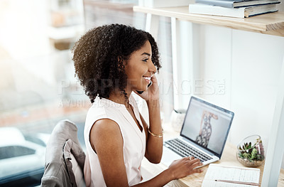Buy stock photo Woman, phone call and writing and laptop in office, notes and agenda for company on technology. Communication, speaking and notebook with schedule or idea, online business for contact information