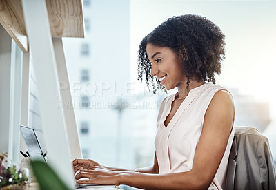 Buy stock photo Woman, laptop and typing in happy office, search and company website with technology. Communication, web designer and internet project for work, online business for information or networking