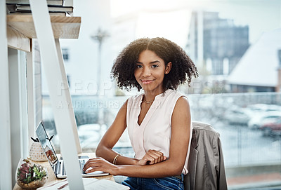 Buy stock photo Woman, laptop and portrait in happy or office, search and company website with technology. Communication, web designer and internet project for work, online business for information or networking