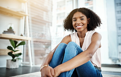 Buy stock photo Woman, happy and portrait or relax in home, sitting and floor with smile in living room on weekend for break. Calm, female person and house for break, positive and mindset or rest for wellness