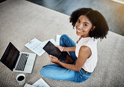 Buy stock photo Tablet, computer and woman in portrait on floor for work from home planning, paperwork and startup business. Young happy person or entrepreneur on digital technology, laptop and documents on carpet