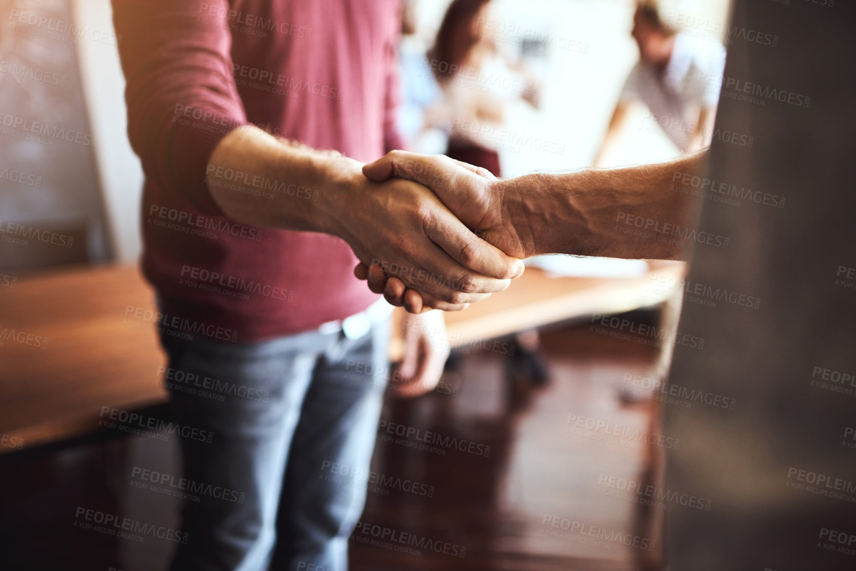 Buy stock photo Shaking hands, agreement and deal in meeting or casual, negotiation for business contract or onboarding. Greeting, palms and together for hiring or welcome, collaboration or teamwork with thank you