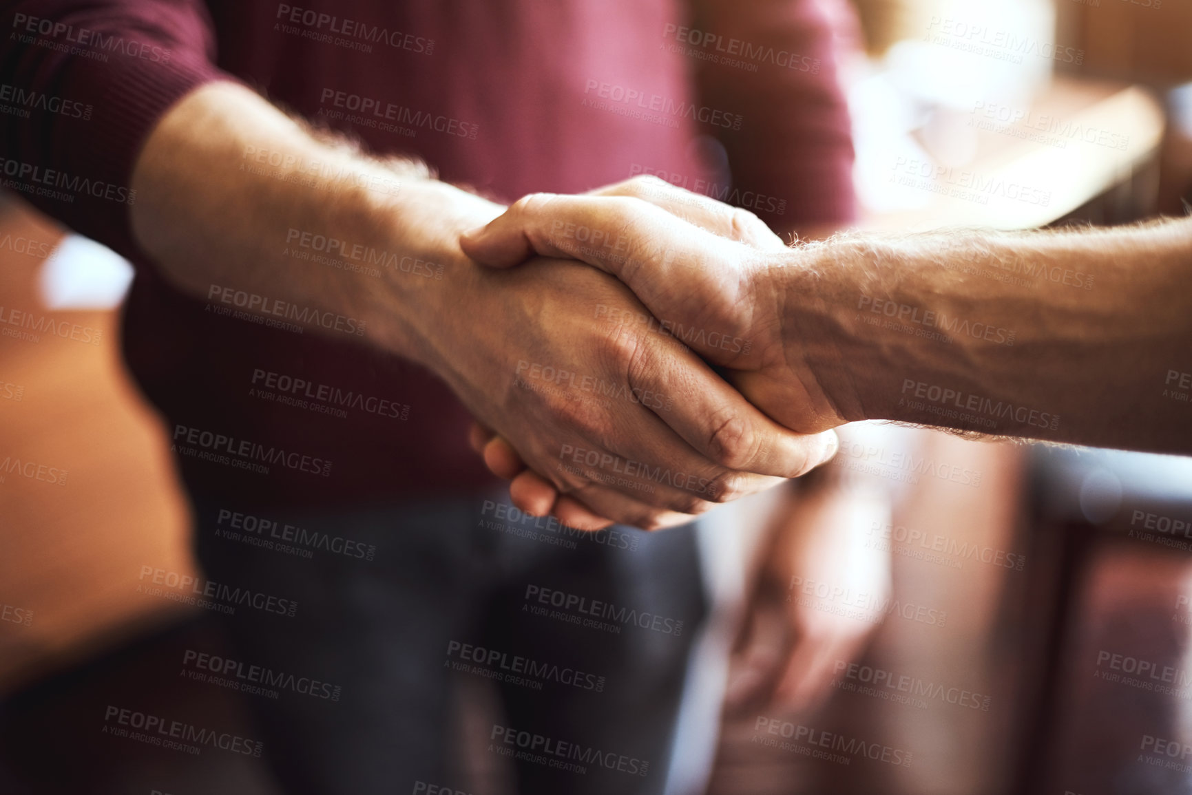 Buy stock photo Shaking hands, negotiation and deal in meeting or casual, agreement for business contract or onboarding. Greeting, palms and together for hiring or welcome, collaboration or teamwork with thank you