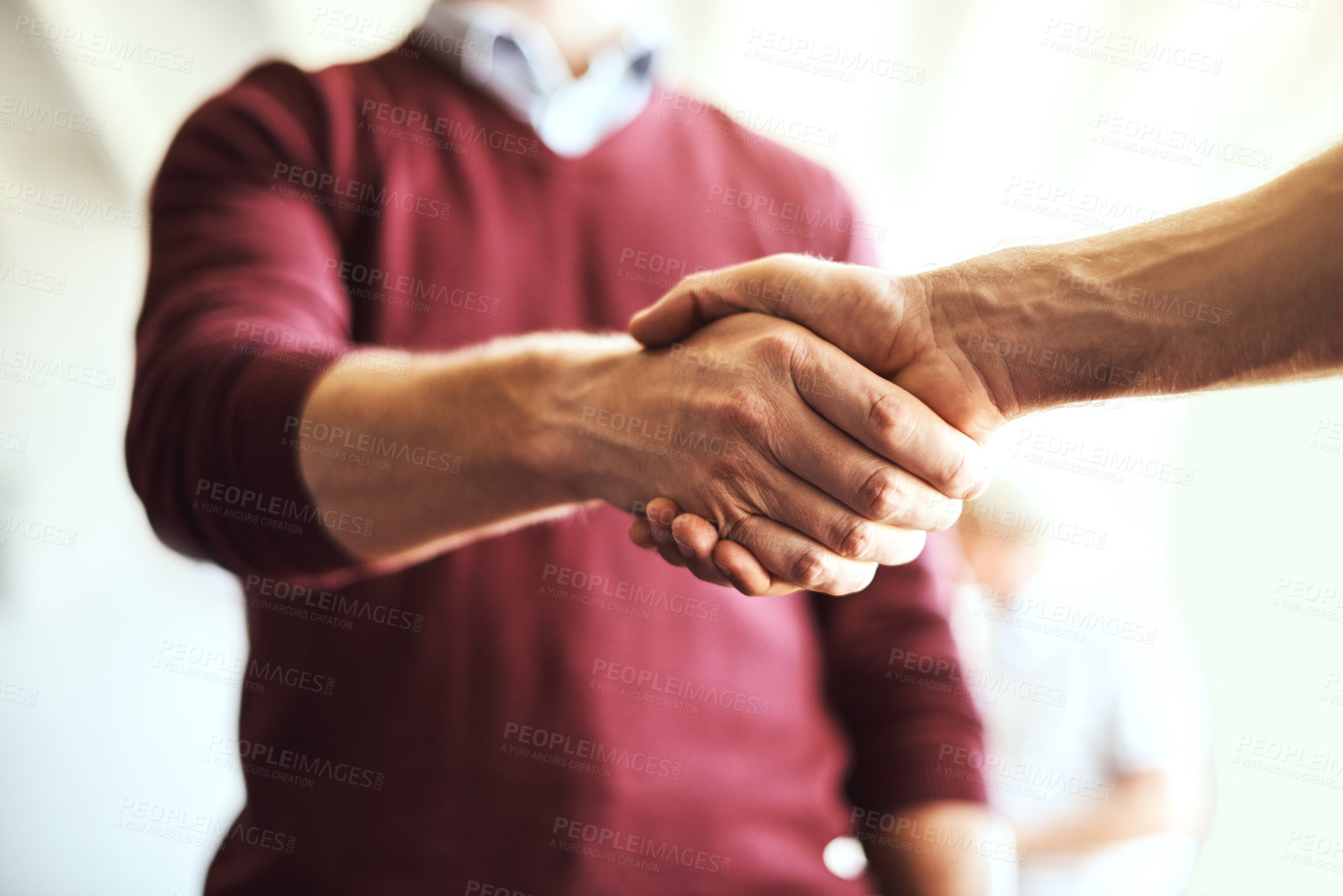 Buy stock photo Shaking hands, agreement and deal in meeting or casual, teamwork for business contract or onboarding. Greeting, palms and together for hiring or welcome, collaboration or negotiation with thank you