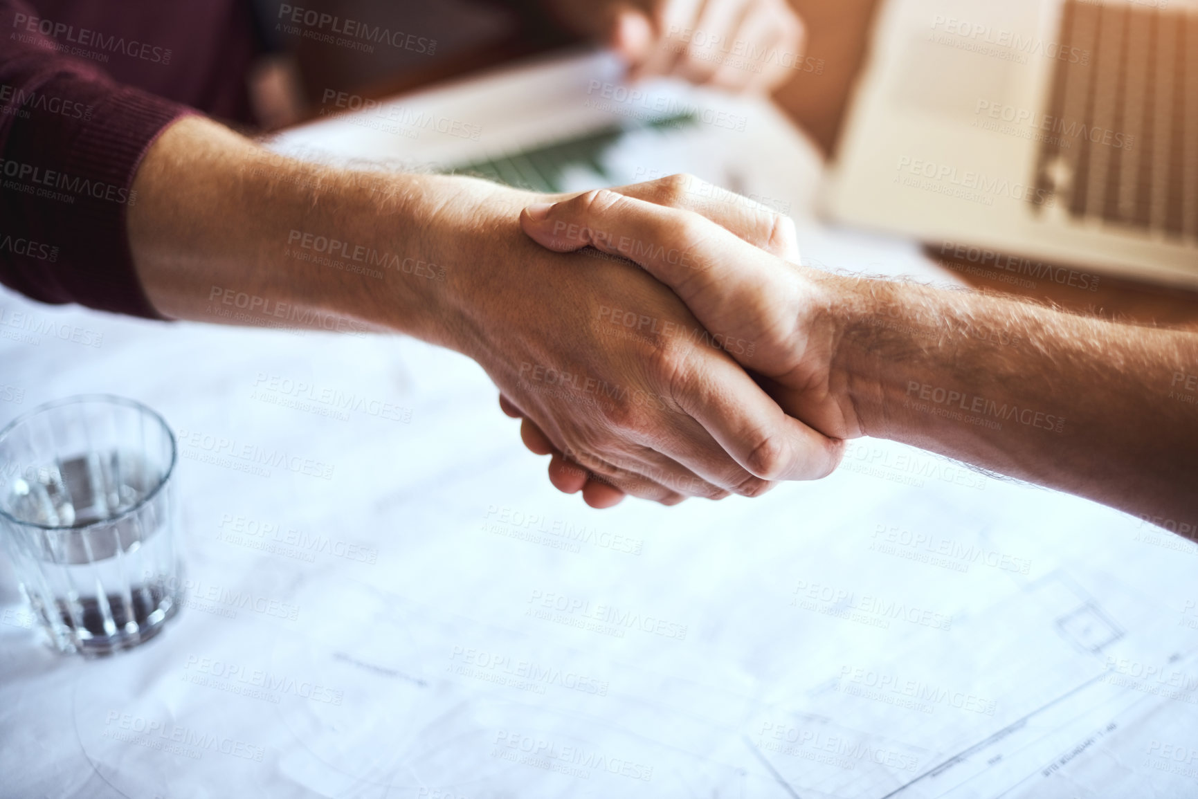 Buy stock photo Shaking hands, welcome and deal in meeting or casual, teamwork for business contract or onboarding. Greeting, palms and together for hiring or agreement, collaboration or negotiation with thank you