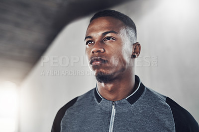 Buy stock photo Tough, thinking and man with fitness, exercise and runner with confidence and progress with workout. African person, athlete and guy with endurance and serious face with sports, mindset and hobby