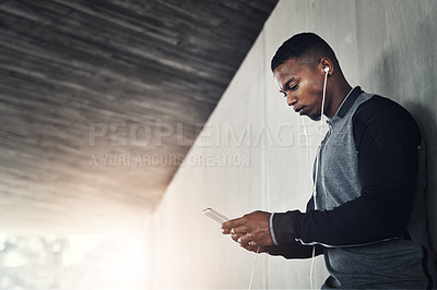 Buy stock photo African man, cellphone and fitness with text, start and workout for training and health. Athlete, music and phone for cardio, sports and wellness with exercise and outdoor summer for earphones runner