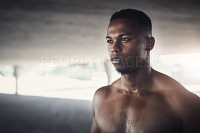Buy stock photo African man, fitness and shirtless in city with vision for health, training and body building for healthy muscle. Person, runner and workout in metro street with thinking for wellness in Los Angeles