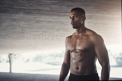 Buy stock photo Black man, outdoors and thinking with shirt off for workout, health and wellness for summer. Athletic, marathon training and concentrating for fitness, runner and mindfulness in urban town for cardio