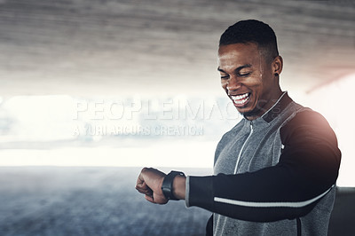 Buy stock photo African man, runner and check smart watch with excited smile for stats, speed and thinking in city. Person, clock and timer app with pride for record, steps and outdoor for training with mockup space