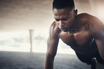 Buy stock photo Black man, exercise and fitness with push ups for workout, muscle training and resilience in Atlanta. Bodybuilder, sweating and breathe in cardio with energy for body strength, self care and power