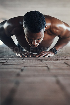Buy stock photo Black man, fitness and cardio with push ups on floor for training, exercise and endurance in Atlanta. Sweating, bodybuilder and resilience in workout with energy for body strength, self care or power