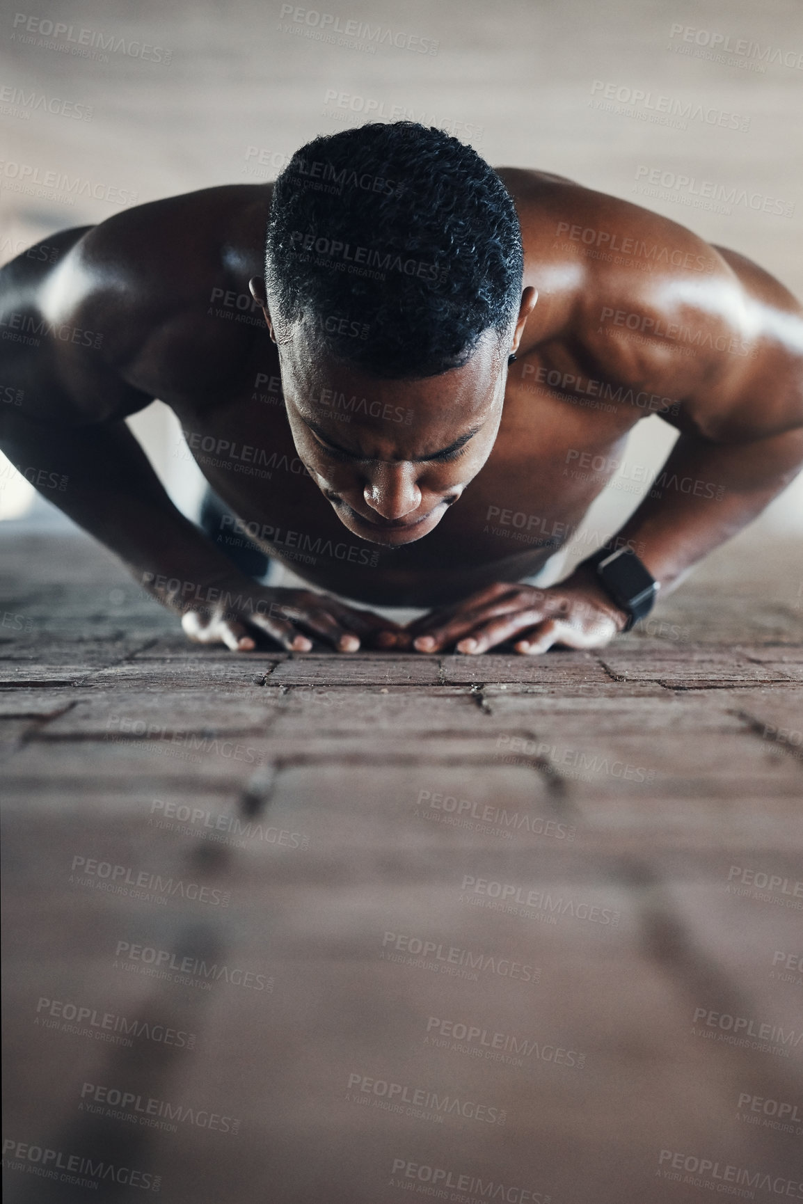 Buy stock photo Black man, fitness and cardio with push ups on floor for training, exercise and endurance in Atlanta. Sweating, bodybuilder and resilience in workout with energy for body strength, self care or power