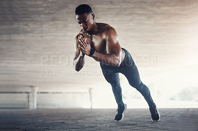 Buy stock photo African man, push up and shirtless in city with balance, strong and healthy muscle with power on ground. Person, bodybuilder and outdoor by bridge for wellness, training and exercise in Los Angeles