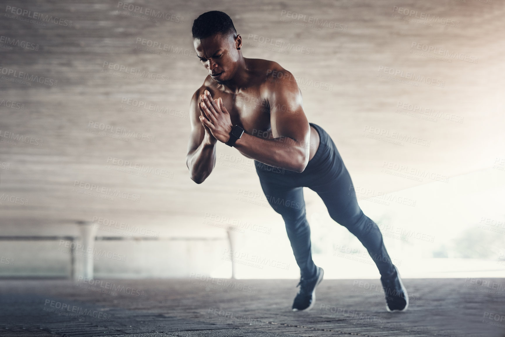 Buy stock photo African man, push up and shirtless with balance in city, strong and healthy muscle with power on ground. Person, bodybuilder and outdoor by bridge for wellness, training and exercise in Los Angeles